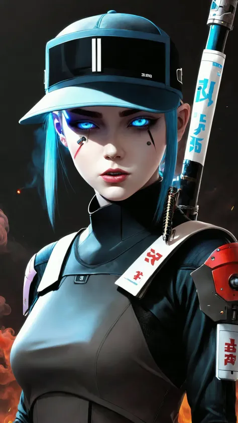 1girl, solo, looking at viewer, blue eyes, hat, weapon, sword, black headwear, katana, sheath, portrait, bandaid, baseball cap, smoke, colored sclera, science fiction, cigarette, sheathed, android, smoking, bandaid on face, cable, white eyes, cyborg, weapon on back, bandaid on nose, cyberpunk, mechanical parts