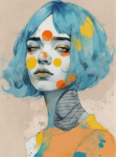 a drawing of a woman with coral and steel-blue hair and a titanium-white and lemon background with a ochre spot, Conrad Roset, digital portrait, an ultrafine detailed painting, pop art, pop surrealism , <lora:Graphic_Portrait:0.75>