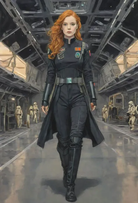 thick bold outline, acrylic painting illustration portrait of a pretty young ginger irish endomorph girl wearing a TIE-fighter pilot black outfit, walking away looking back at the viewer, in a star destroyer hangar bay, extremely detailed, Star wars style