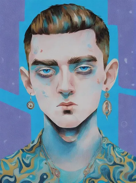 1boy, blue background, blue eyes, earrings, jewelry, looking at viewer, male focus, solo, pop surrealism , <lora:Graphic_Portrait:0.75>