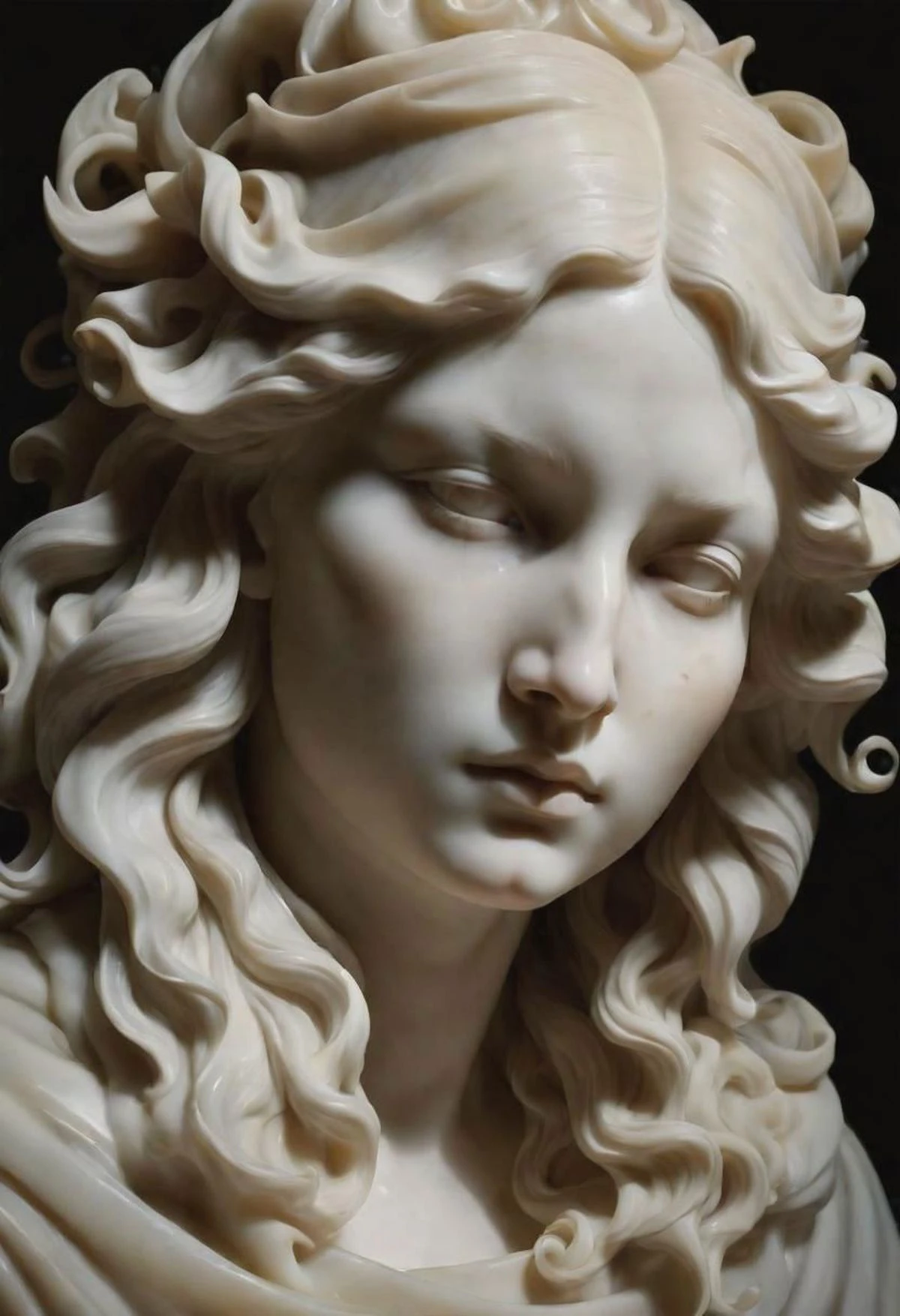 the serene sensuality of subsurface scattering of transluscent alabaster, by Bernini, Lunatic_Portrait photo, dim light, rim light, soft shadows, (dramatic backlighting:1.5)