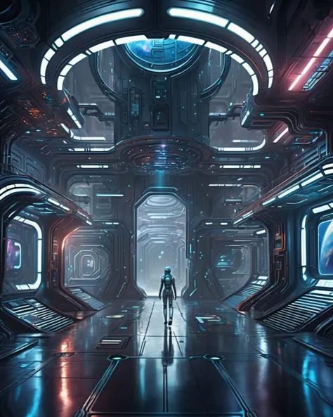 cinematic SCI-FI environment,  In a labyrinthine space station, gravity-defying walkways lead to chambers adorned with holographic art from across the galaxy. , cyber sci-fi , <lora:Sci-fi_Environments_sdxl:0.8> , photorealistic, movie