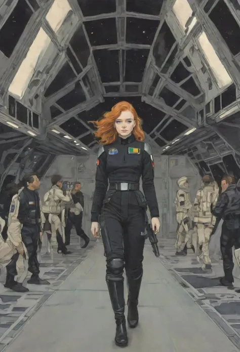 thick bold outline, acrylic painting illustration portrait of a pretty young ginger irish endomorph girl wearing a TIE-fighter pilot black outfit, walking away looking back at the viewer, in a star destroyer docking bay, extremely detailed, Star wars style