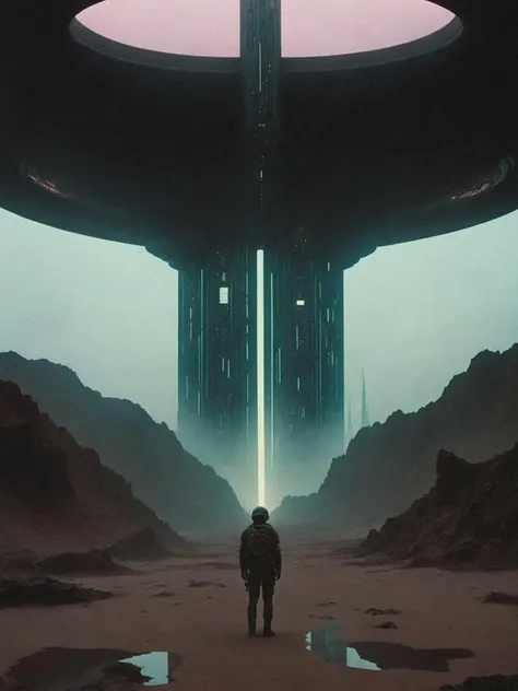 -A tense sci-fi movie scene set on a desolate planet, featuring towering alien architecture, flickering neon lights, and a group of human explorers. Atmospheric lighting, detailed textures, and hyper-realistic rendering bring the scene to life, while a sense of danger and tension permeates every frame. , cinematic movie by Andrei Tarkovsky , Janusz KamiÅski