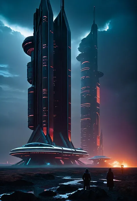 -A tense sci-fi movie scene set on a desolate planet, featuring towering alien architecture, flickering neon lights, and a group of human explorers. Atmospheric lighting, detailed textures, and hyper-realistic rendering bring the scene to life, while a sense of danger and tension permeates every frame. , cinematic movie by Andrei Tarkovsky , Janusz KamiÅski