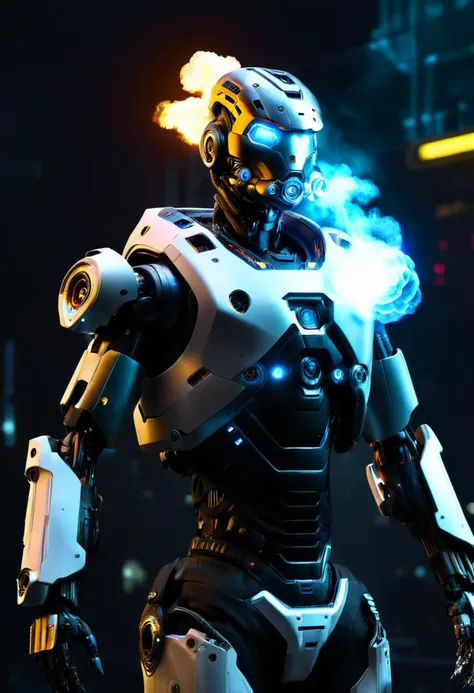 solo, 1boy, upper_body, male_focus, glowing, halo, robot, smoke, science_fiction, realistic, cyberpunk, humanoid_robot