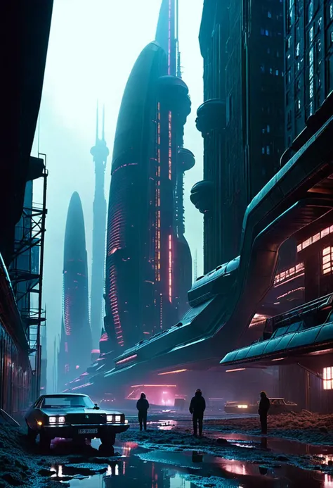 -A tense sci-fi movie scene set on a desolate planet, featuring towering alien architecture, flickering neon lights, and a group of human explorers. Atmospheric lighting, detailed textures, and hyper-realistic rendering bring the scene to life, while a sense of danger and tension permeates every frame. , cinematic movie by Andrei Tarkovsky , Janusz KamiÅski
