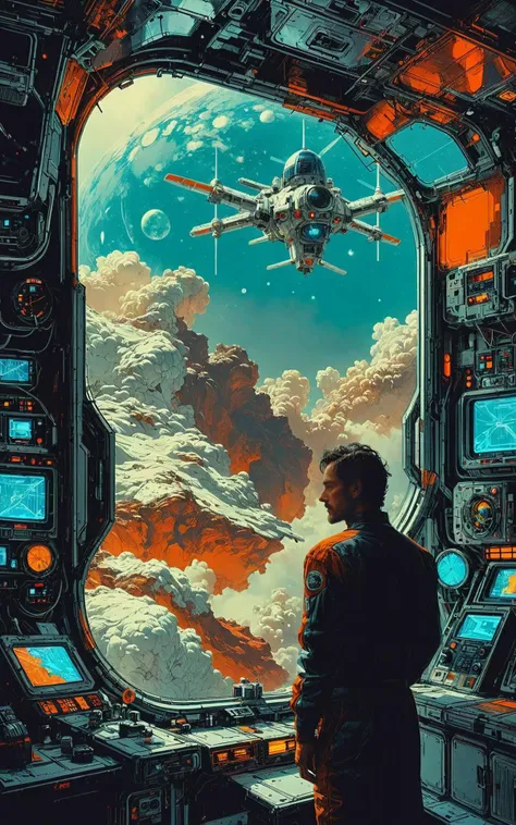 (by William Blake,by Thomas Cole,by Jean Giraud,by syd mead:0.4),master award winning works,wide_shot,from_below:1.5,painting style mysterious absurd,A man looking from the large window of a space station above the atmosphere,dystopian retro cyberpunk surrealism cinematic stills of a minimalist film masterpiece,in the style of opal render,Noir grainy black and white,dreamlike imagery,highly detailed<lora:DD-pnte-neg-v1:-1.8><lora:MJ52:0.8>,ziprealism:0.9<lora:InkArtXL_1.2:0.8>,ZIP2D BREAK