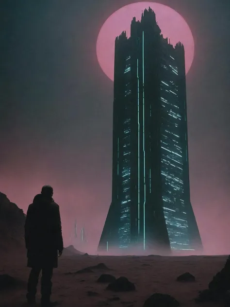 -A tense sci-fi movie scene set on a desolate planet, featuring towering alien architecture, flickering neon lights, and a group of human explorers. Atmospheric lighting, detailed textures, and hyper-realistic rendering bring the scene to life, while a sense of danger and tension permeates every frame. , cinematic movie by Andrei Tarkovsky , Janusz KamiÅski