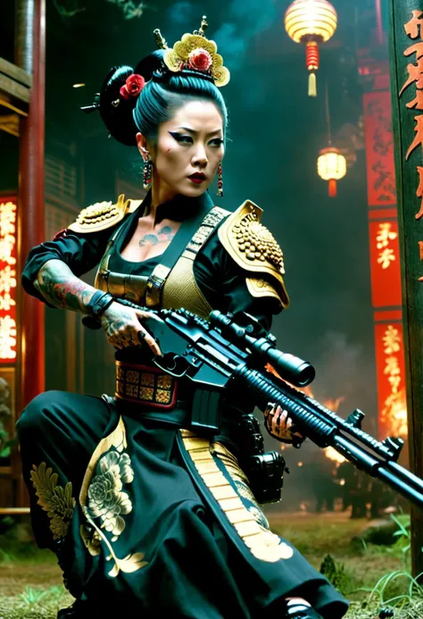 still frame of action movie, superb dreamlike luxury stunning oiran tattooed girl special forces using a rifle in a fight scene , cinematic movie by Sam Raimi , Wally Pfister