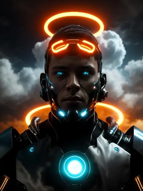 solo, looking_at_viewer, 1boy, male_focus, cloud, no_humans, glowing, halo, robot, glowing_eyes, smoke, science_fiction, realistic, cyborg, cyberpunk ,