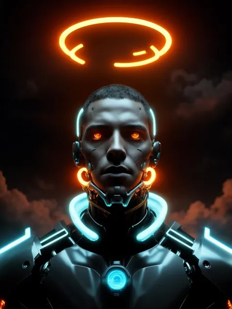solo, looking_at_viewer, 1boy, male_focus, cloud, no_humans, glowing, halo, robot, glowing_eyes, smoke, science_fiction, realistic, cyborg, cyberpunk ,