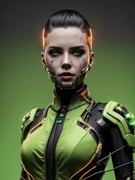 1girl, solo, looking_at_viewer, simple_background, green_eyes, makeup, portrait, science_fiction, realistic, android, cable, cyborg, cyberpunk