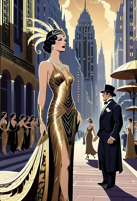 cinematic film still art by George Barbier, In the heart of a bustling city, a magnificent dragon Phantazmay comes to life. The skyline of St. Art Deco, fashion, elegant and stylish illustrations, capturing the glamour and sophistication of the Roaring Twenties, shallow depth of field, vignette, highly detailed, high budget Hollywood film, cinemascope, moody, epic, gorgeous,