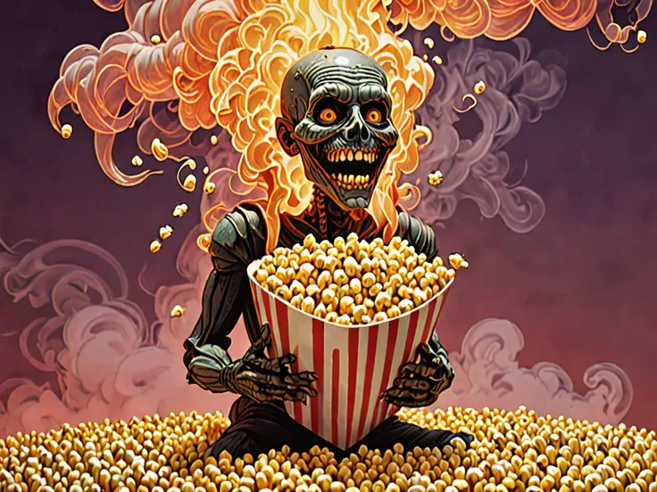 no humans, minimalism, cartoon, burning melting corn, horror, body horror, smile from ear to ear, corn kernels, popcorn, fire background, thick smoke, aesthetic, iridescent glare gradient, by Franklin Booth, surreal, composition, high image clarity