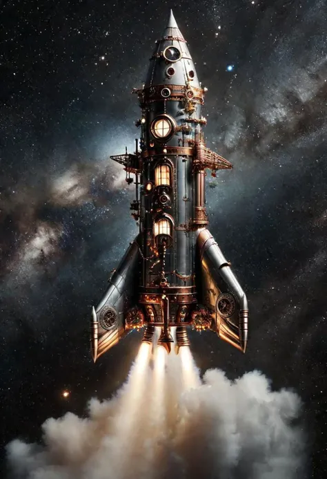 photo of a retro_rocket steampunknoireai, flying in the space, sci-fi<lora:Retro_rocket_sdxl:1.0>6 round windows, silver and copper parts, Starry Sky