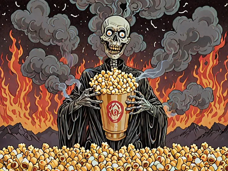 no humans, minimalism, cartoon, burning melting corn, horror, body horror, smile from ear to ear, corn kernels, popcorn, fire background, thick smoke, aesthetic, iridescent glare gradient, by Franklin Booth, surreal, composition, high image clarity