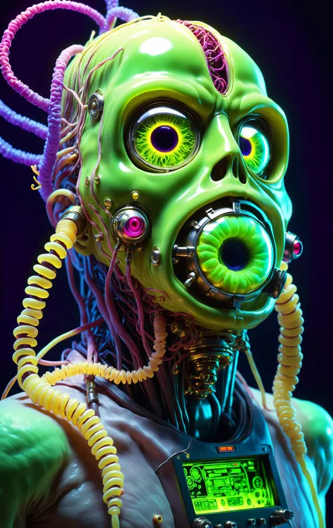 Post-Minimalism, large eye blubber organism, Mustard smoldering skin, glossy circuit board cellular frame, electrified maggot limbs, vacuum tube amp wires, twisted neck, oozing pulsating matter, spewing larva vomit from large bubbles, translucent Frankenstein's Monstermask sack with veins showing multi colored nervous system, neon glow background, insanely detailed, Eye Level Shot