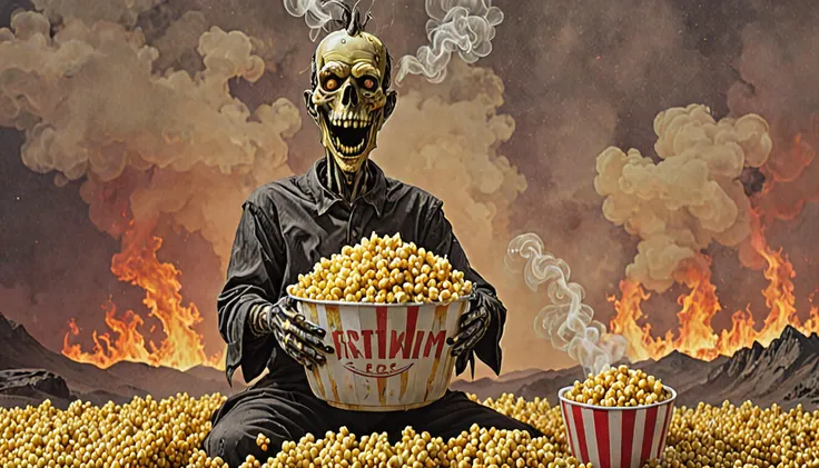no humans, minimalism, cartoon, burning melting corn, horror, body horror, smile from ear to ear, corn kernels, popcorn, fire background, thick smoke, aesthetic, iridescent glare gradient, by Franklin Booth, surreal, composition, high image clarity