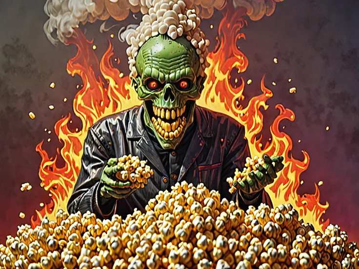 no humans, minimalism, cartoon, burning melting corn, horror, body horror, smile from ear to ear, corn kernels, popcorn, fire background, thick smoke, aesthetic, iridescent glare gradient, by Franklin Booth, surreal, composition, high image clarity