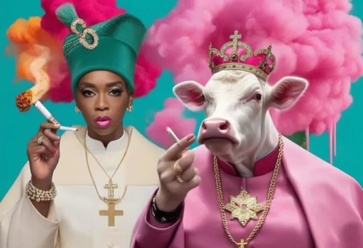 eminem with queen elizabeth with a pink cow and a huge joint is smoking in a cinema with pope and satan, foggy and smoke, Chinwe Chukwuogo-Roy, complementing colors, a photorealistic painting, by Emilio Sosa, brown and teal color scheme , fashion photography<lora:Color_Fashion_sdxl:1.0>