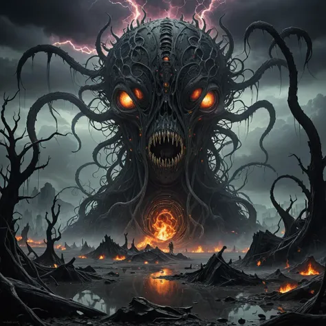 Horror-themed amazing quality, masterpiece, best quality, hyper detailed, ultra detailed, generate a hauntingly beautiful image of an apocalyptic landscape, dominated by surreal Eldritch cosmic horrors. Envision ethereal tendrils of energy intertwining with twisted alien structures, creating a scene that conveys both dread and awe <lora:add-detail-xl:3> , <lora:RMSDXL_Enhance:3> . Eerie, unsettling, dark, spooky, suspenseful, grim, highly detailed