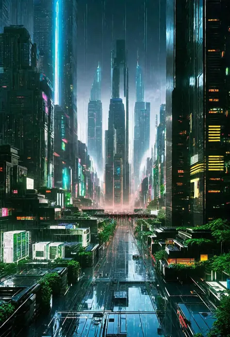 cinematic SCI-FI environment, Rain-soaked streets of a futuristic Tokyo reveal holographic advertisements and soaring skyscrapers adorned with vertical gardens. , cyber sci-fi , <lora:Sci-fi_Environments_sdxl:0.8> , photorealistic,