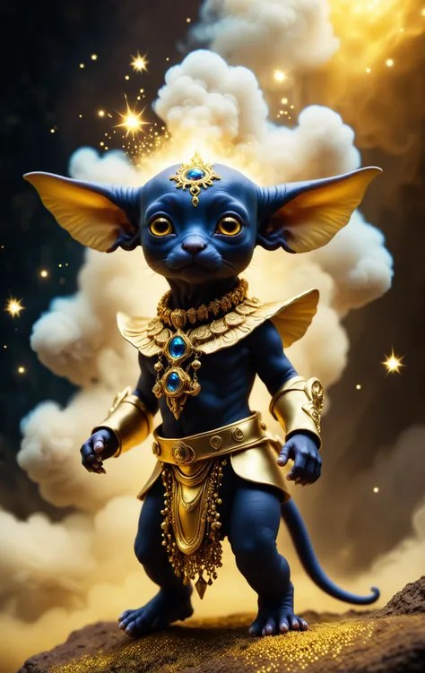 realistic photography a cute Teferi's Imp in an enchanted wonderland, beautiful whimsical fantasy art concept, detailed background, glowing particles, intricate details, ultra sharp, realism, golden and black spirit, liquid gold explosion, golden smoke magic, star dust, golden milky way, black background, magical fog.