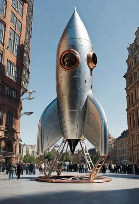 photo of a retro_rocket futuristic, flying in the space, sci-fi<lora:Retro_rocket_sdxl:1.0>6 round windows, silver and copper parts