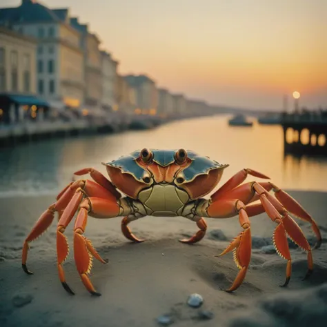 photograph, Witty crab of Terror, at Dusk, Renaissance art, Wonder, Warm lighting, film grain, Kodak Ektar 100, Depth of field 270mm, Film Washi, photo, fantastic aesthetic, cinematic perfect intricate stunning fine detail, highly color focused, fabulous colors, artistic, detailed, very, masterpiece, best quality,