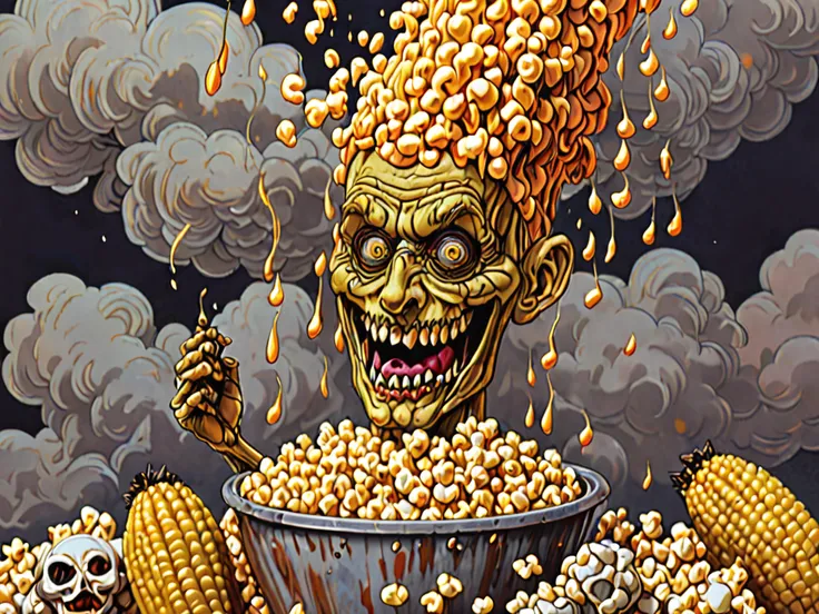 no humans, minimalism, cartoon, burning melting corn, horror, body horror, smile from ear to ear, corn kernels, popcorn, fire background, thick smoke, aesthetic, iridescent glare gradient, by Franklin Booth, surreal, composition, high image clarity