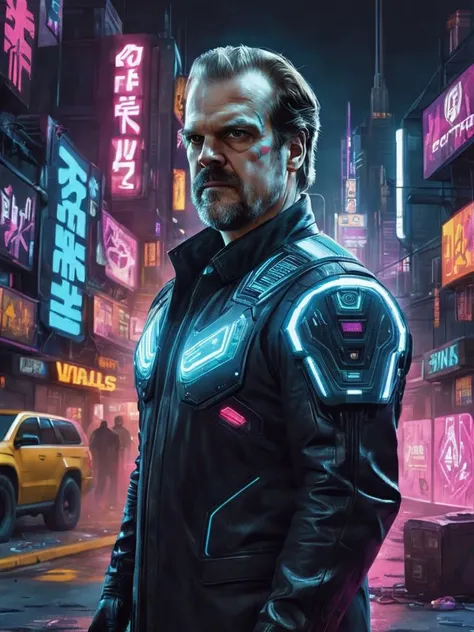 cyborg david harbour as cyberpunk warlock , Cyberspace graffiti, digital artists tag virtual walls with pixelated rebellion, leaving traces of defiance in the virtual ether. , <lora:cyber_aesthetic_sdxl:1> , <lora:2077_Style:0.5> , Retro-futurism , Glowing city , <lora:davidharbour:0.5>