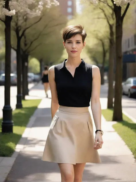 (short brown hair, shaved hair on sides:1.3), analog full body photo of european ((short haired:1.3)) woman in beige (knee-length skirt:1.3) and black shirt, (sleeveless shirt:1.3), short hair, 4k, brown hair, brown eyes, (very short haircut:1.3), no makeup, natural skin, bracelet, walking in city, blooming trees, sun is shining, extremely short hair, photorealistic, film photo