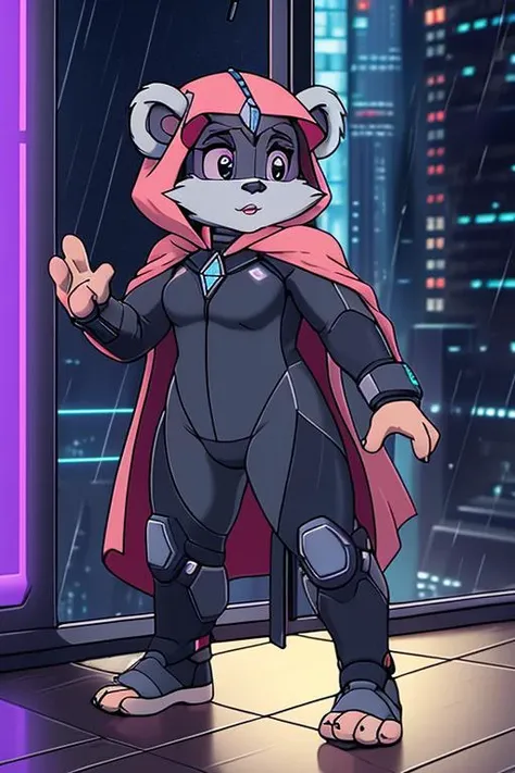 Techwear fashion kneesaa, ewok, Standing near a window, she gazes at falling raindrops, her hand delicately placed on the glass, pleasure, three fingers, three toes, wood floor <lora:Kneesaa:0.8> . Futuristic, cyberpunk, urban, tactical, sleek, dark, highly detailed