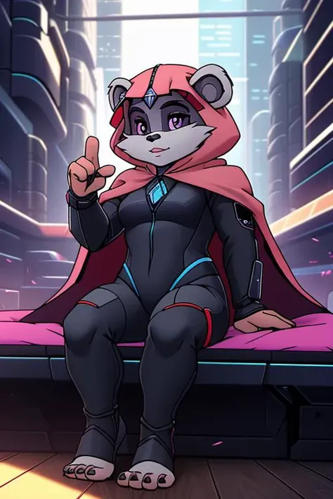 Techwear fashion kneesaa, ewok, Seated on a velvet chaise longue in a sunlit boudoir, she radiates sensuality and quiet confidence, pleasure, three fingers, three toes, wood floor <lora:Kneesaa:0.8> . Futuristic, cyberpunk, urban, tactical, sleek, dark, highly detailed