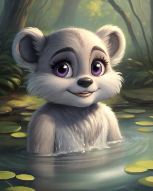 (Kneesa:1.2), ewok, full body portrait, (grey head fur:1.3), (bald:1.3), exposed top of head, fluff, female, short arms, purple eyes with black pupils, eyelashes, pretty, cute, adorable, very fluffy, fur tufts, smile, suggestive, shy, (flustered:1.1), (looking at viewer), aerial_view,
BREAK, masterpiece, best quality, realistic, soft focus, (bathing in a pond), cattails, endor woods, by thomas kinkade, <lora:Kneesaa:0.5>