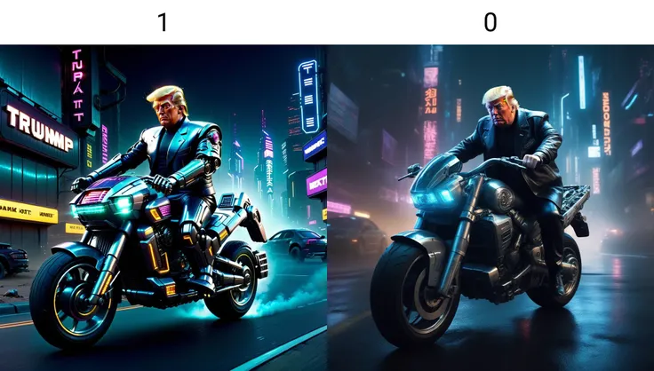 cyberpunk style, donald trump <lora:cyberpunk_XL:1>, road, riding motorcycle, night, dynamic pose, cinematic lighting, cyborg, complex robot, intricate
