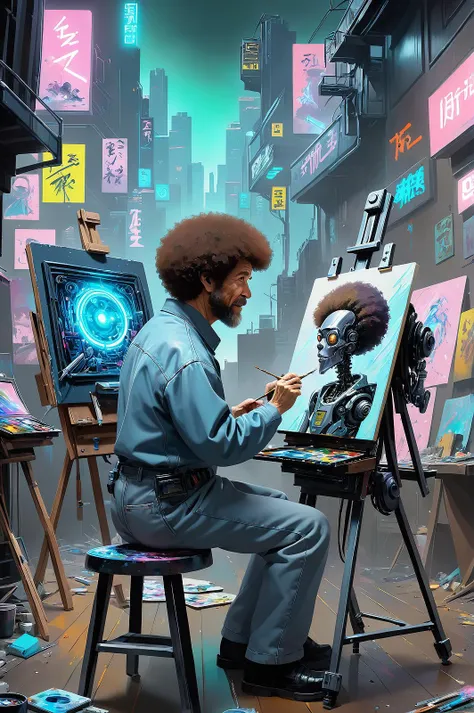 Joy of painting, Bob Ross cyborg at an easel, painting a cyberpunk picture which looks like an AI painted picture, cyberpunk style <lora:offset_0.2:1> <lora:cyberpunk_xl_v1:1>