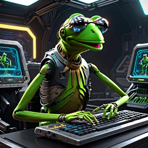 cyberpunk style, kermit the frog, <lora:cyberpunk_XL:1.0>, hologram, futuristic computer keyboard, monitor, intricate details