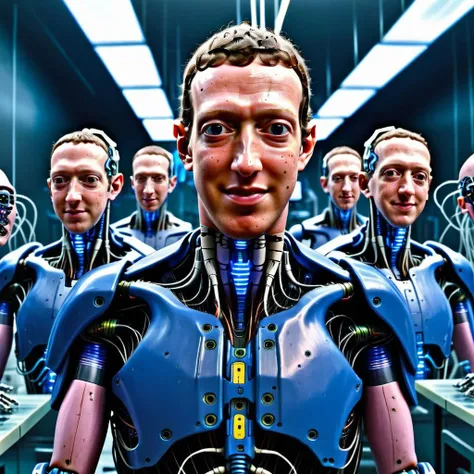 cyberpunk style, multiple cyborgs holding the head of mark zuckerburg in a laboratory, smirk<lora:cyberpunk_XL:1.0>
