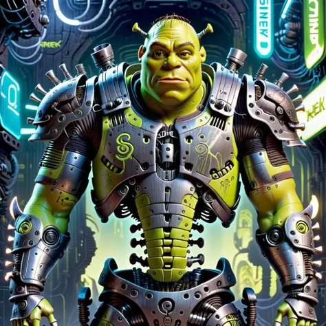 cyberpunk style, shrek, complex mechanical parts, detailed, metal armor, skeleton-like cyborg, intricate<lora:cyberpunk_XL:1.0>