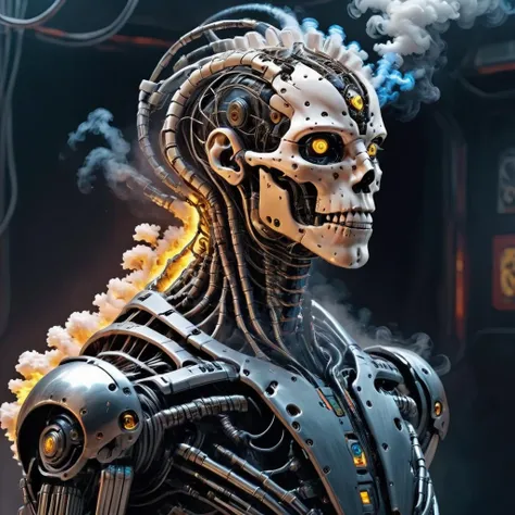 cyberpunk style, cyborg chimera of [mark zuckerberg|skeleton],  portrait, sharp mechamical parts, <lora:cyberpunk_XL:1.0>, smoke, explosive