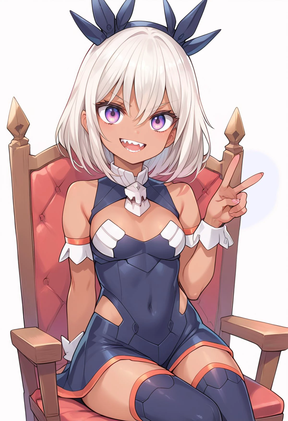 score_9, score_8_up, score_7_up score_9,score_8_up,score_7_up (score_9:0.9),score_8_up,score_7_up,anime style,rating_safe,1girl,solo,<lora:SIS-M00 Ilshana ponyXL v3:0.7>,SIS-M00 Ilshana,Ilshana clothes,1girl,solo,smile,looking at viewer,small breasts,crown,teeth,simple background,zPDXL,crazy girl smile,sitting on chair,open mouth,<lora:[GP] Asanagi style [Pony XL]:0.7>,dark-skinned female,v-shaped eyebrows,<lora:Psycho_Armpits:0.7>,thighhighs,