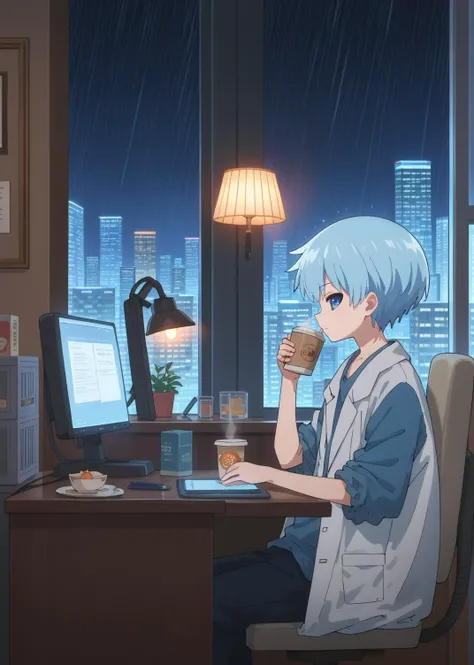 score_9,score_8_up,score_7_up,score_6_up,source_anime,masterpiece,best quality,high-detailed,Ray Tracing BREAK <lora:no1:0.5>,cup,1boy,male focus,window,sitting,chair,night,rain,solo,indoors,computer,holding,city,disposable cup,building,lamp,pen,short hair,laptop,drinking,shirt,cityscape,desk,office chair,bird,hand in pocket,holding cup,coffee cup,monitor,<lora:StS_age_slider_v1_initial_release:-4>,(looking at viewer:1.3),<lora:Nanao:0.9>,nanao,1boy,solo,(mismatched sclera:1.2),colored sclera,(black sclera:0.5),oversized clothes,lab coat,blue shirt,score_9,score_8_up,score_7_up,score_6_up,score_5_up,score_4_up BREAK source_anime,anime screencap,looking at viewer,looking_to_the_side,