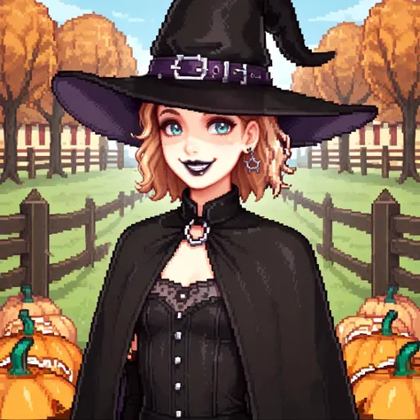 1girl, Sophia_(SVE), gentle smile, witch hat, black outfit, gothic lipstick, farm, outdoors, pumpkin <lora:Sophia_SVE_776761:1>