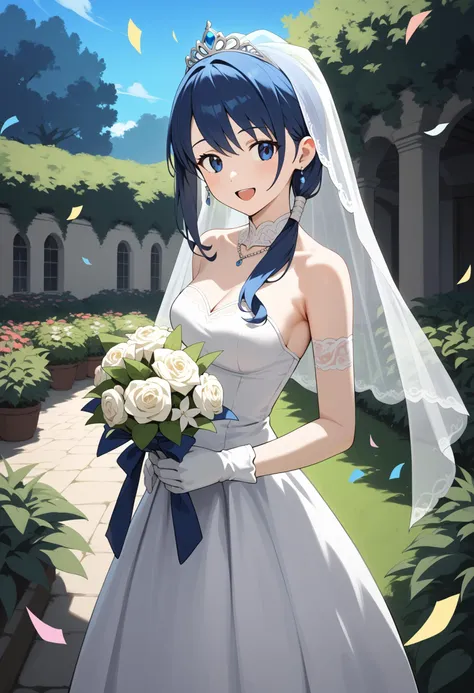 score_9, score_8_up, score_7_up, score_6_up, score_5_up, score_4_up, source_anime, aamerry, long hair, low ponytail, blue hair, blue eyes, <lora:merry_(grimgar)_ponyxl_v1:0.9>, tiara, veil, wedding dress, white gloves, white dress, garden, standing, cowboy shot, holding bouquet, smile, open mouth, confetti,