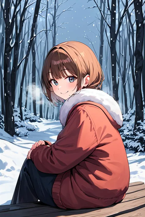 score_9,best quality,
1girl,sitting,from side,winter,nature,steam,looking at viewer,smile