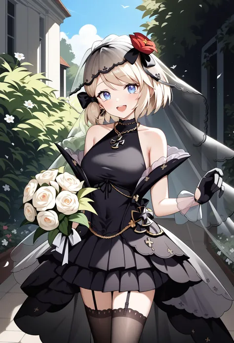 score_9, score_8_up, score_7_up, score_6_up, score_5_up, score_4_up, source_anime, bbz23, short hair, black ribbon, bridal veil, hair flower, black veil, necklace, iron cross, bare shoulders, wedding dress, black dress, see-through, sleeveless dress, black gloves, black thighhighs, <lora:z23_(azur_lane)_ponyxl_v1:0.9>, smile, tears., open mouth, standing, cowboy shot, holding bouquet, garden, outdoors