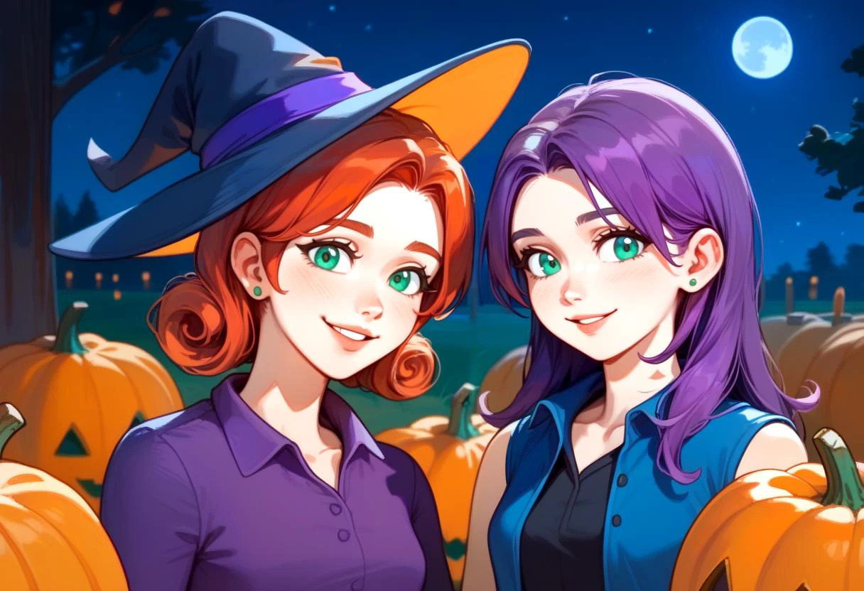 2girls,<lora:NSPennyStardew:1> NSPennyStardew, NSPennyStardew, witch outfit, green eyes, short hair, red hair, earrings, curly hair, witch hat, gothic dress, looking at viewer, smiling, face close to other girl
2girls, <lora:NSAbigailStardew:1> NSAbigailStardew, witch outfit, purple hair, blue eyes, long hair, parted bangs, black choker, witch hat, blue vest, open vest, sleeveless, black shirt, skirt, black leggings, green hair ribbon, looking at viewer, smiling, face close to other girl
farm, night, pumpkin, outdoors,
full moon