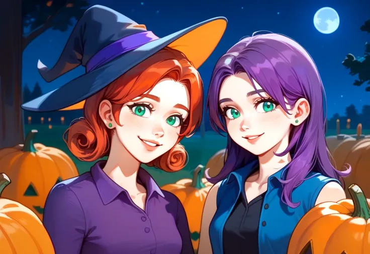 2girls,<lora:NSPennyStardew:1> NSPennyStardew, NSPennyStardew, witch outfit, green eyes, short hair, red hair, earrings, curly hair, witch hat, gothic dress, looking at viewer, smiling, face close to other girl
2girls, <lora:NSAbigailStardew:1> NSAbigailStardew, witch outfit, purple hair, blue eyes, long hair, parted bangs, black choker, witch hat, blue vest, open vest, sleeveless, black shirt, skirt, black leggings, green hair ribbon, looking at viewer, smiling, face close to other girl
farm, night, pumpkin, outdoors,
full moon